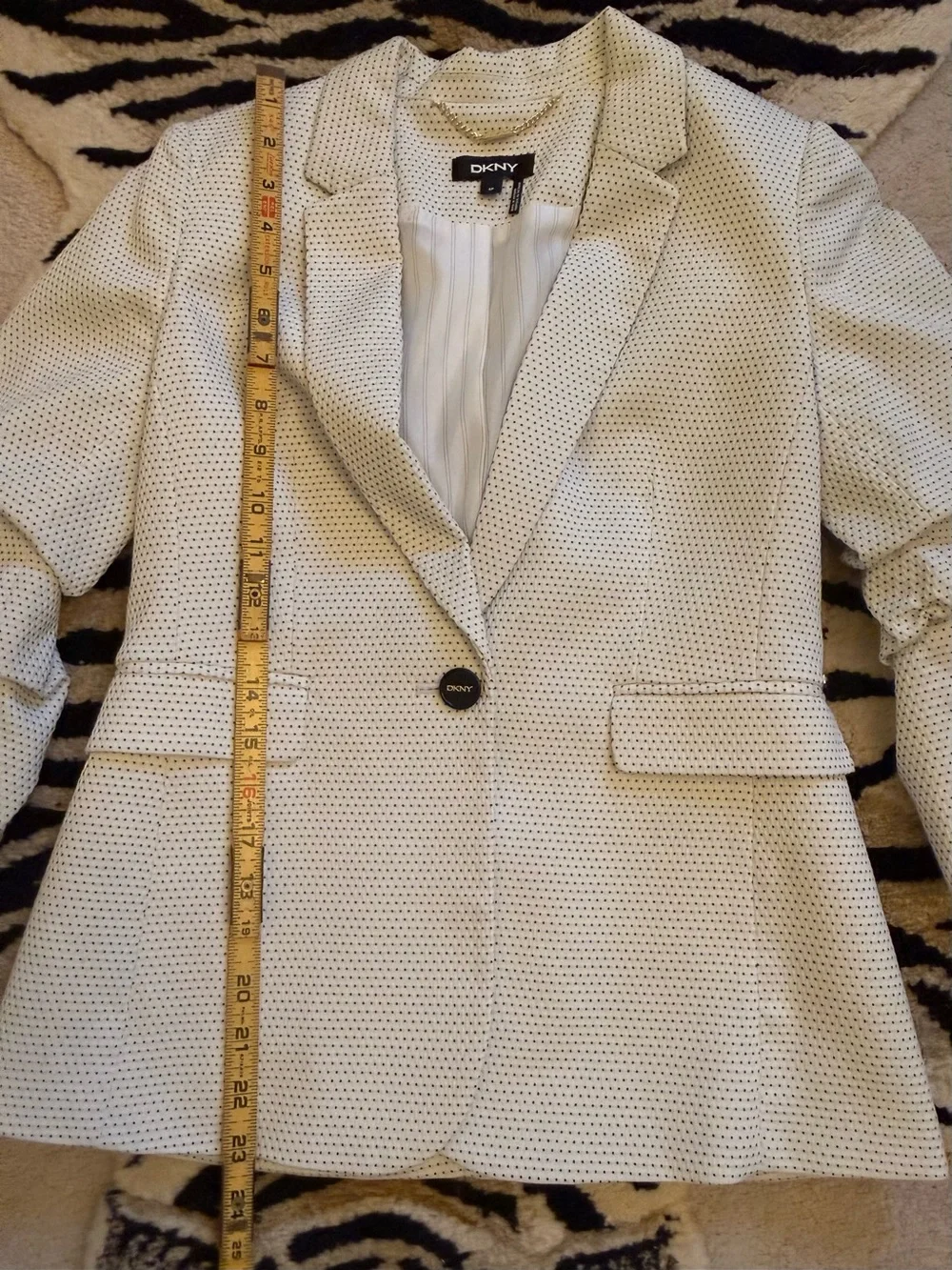 DKNY White & Black Geometric Dot Blazer Ruched 3/4 Sleeve Size 4 Petite